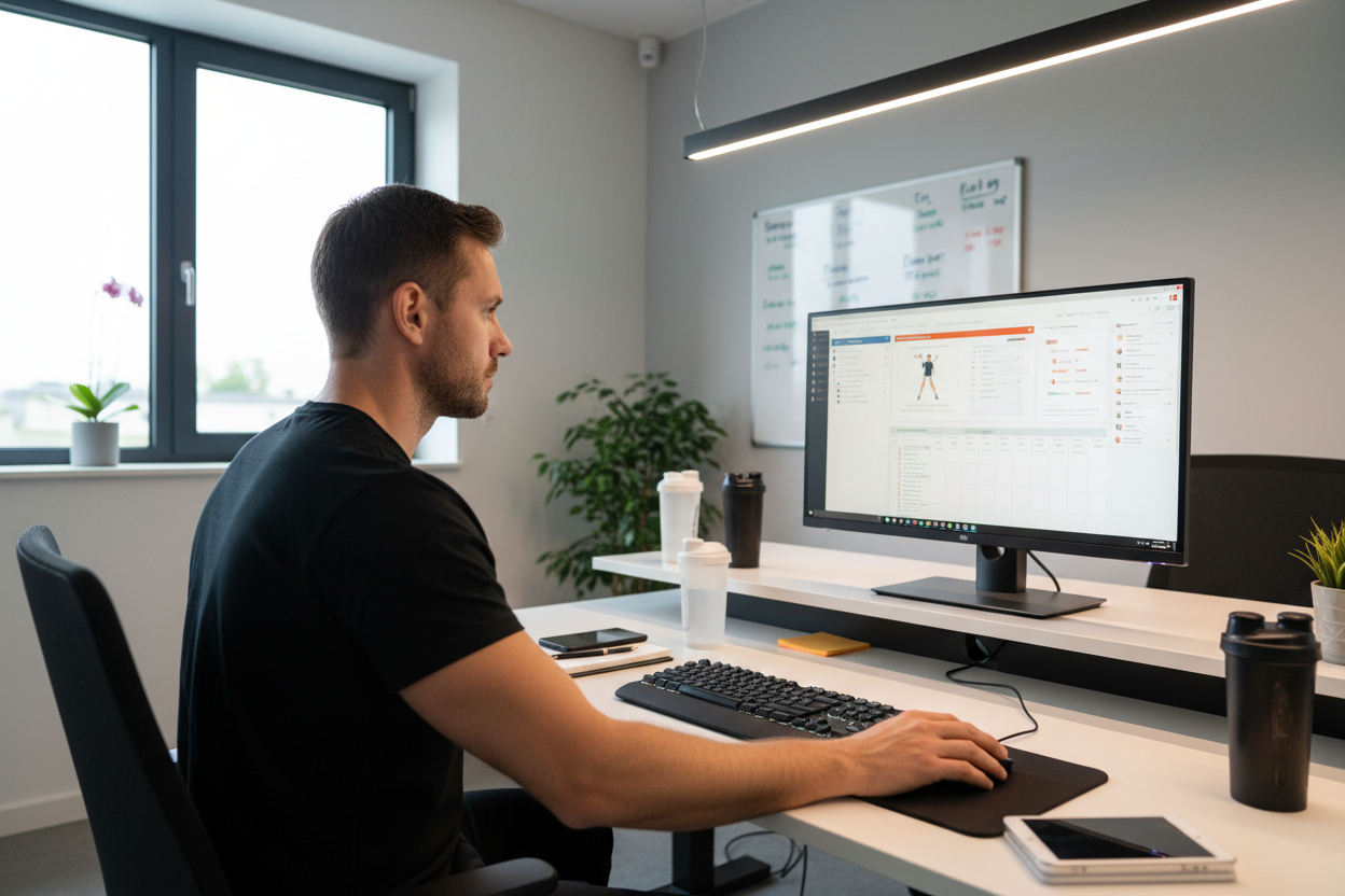 Entrenador personal camisa negra lisa, generando planes en computadora. 