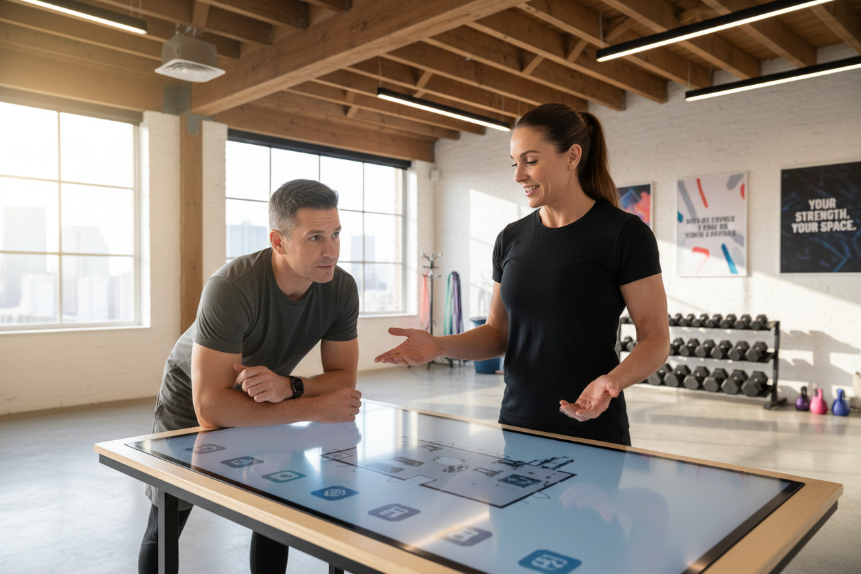 Profesional asesorando cliente sobre transformar un espacio en gimnasio, el profesional viste camisa negra lisa sin ningun texto. 