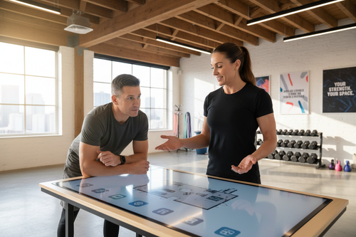 Profesional asesorando cliente sobre transformar un espacio en gimnasio, el profesional viste camisa negra lisa sin ningun texto. 