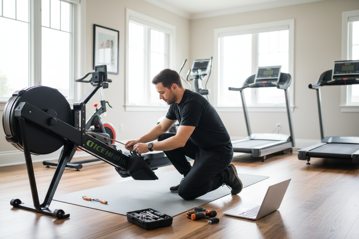 Profesional dandole mantenimiento a maquinas en casa de cliente, usa camisa negra lisa. 