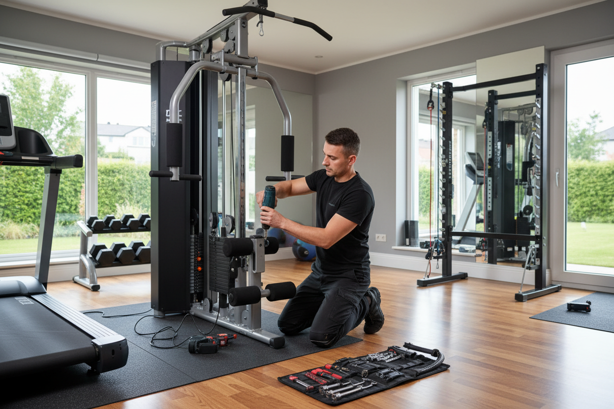Profesional instalando maquinas de gimnasio en casa de cliente, lleva camisa negra lisa. 